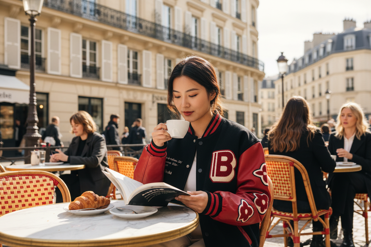 VIBE Color Block Jacket - Asian model at Parisian café
